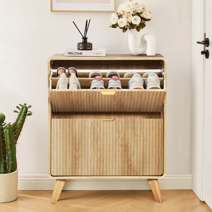 Natural Fluted Shoe Cabinet with 2 Flip Drawers for Entryway
