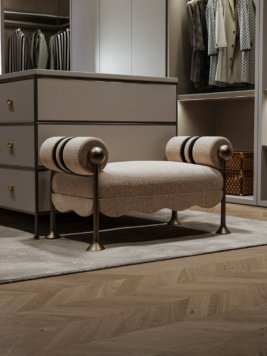 Luxury Modern Boucle Upholstered Bedroom Bench with Bolster Armrests, Beige End of Bed Bench, Entryway Bench Seat, Vanity Stool, Accent Bench with Antique Brass Finish Metal Legs
