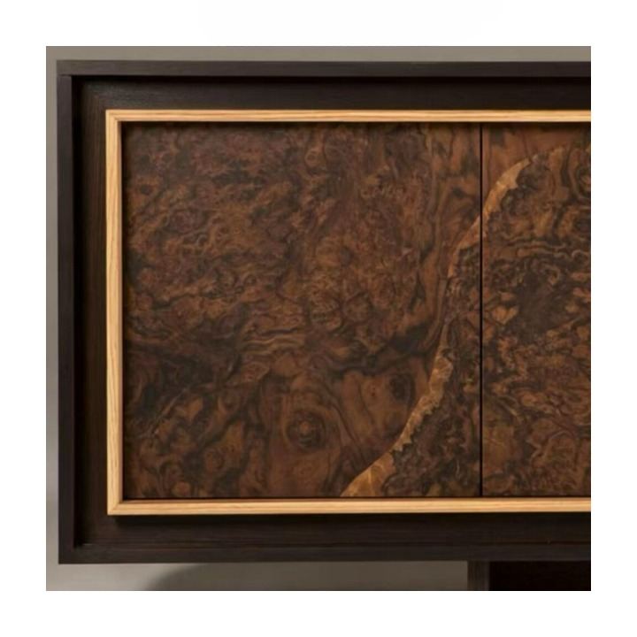 Burl Wood Grain Sideboard Cabinet, Low Dining Room Storage Cabinet with Black Frame and Gold Trim, Vintage Wabi Sabi Console for Living Room Entryway