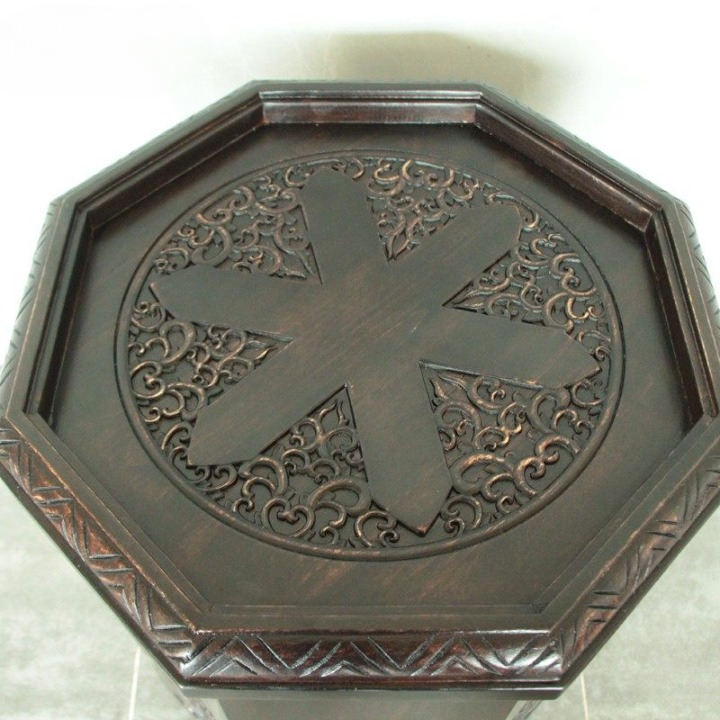 Hand-Carved Solid Wood Pedestal Side Table, Ornate Square Accent Stand with Pierced Floral Panels and Dark Brown Finish for Living Room, Entryway or Bedroom