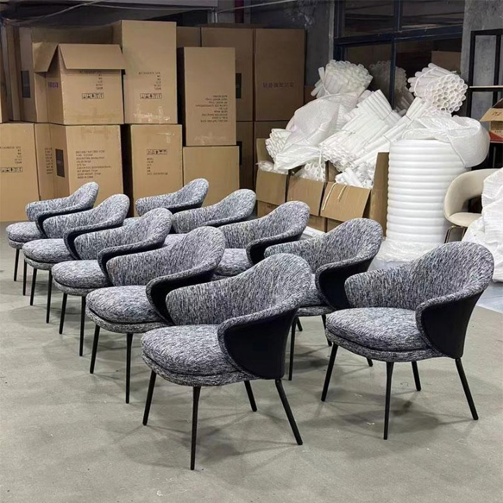 Dark Gray Textured Fabric Dining Armchair, Modern Minimalist Curved Wraparound Back Chair with Black Contrast Panels and Slim Metal Legs for Dining Room, Kitchen, Bedroom and Reception