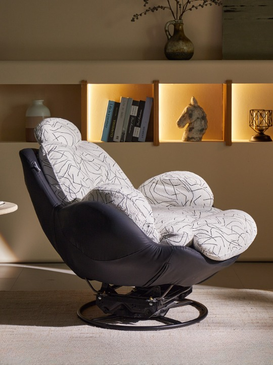 Modern Egg Shell Rocking Lounge Chair, Upholstered Single Sofa Chair with Black Leather Base, Lazy Reclining Accent Chair for Living Room, Balcony, Bedroom and Reading Nook