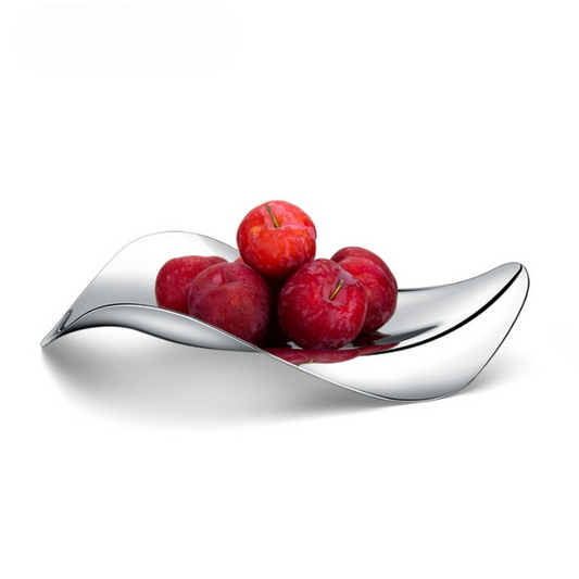 Stainless Steel Wave Fruit Bowl, Modern Silver Decorative Centerpiece Dish, Long Metal Fruit Basket for Dining Table, Kitchen Counter, Coffee Table, Housewarming Gift