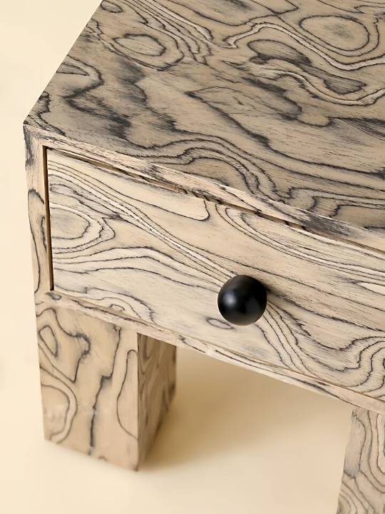 Natural Burl Wood-Look Nightstand, Square One-Drawer Bedside Table with Black Knob and Chunky Block Legs, Wabi-Sabi Accent End Table for Bedroom, Guest Room and Living Room