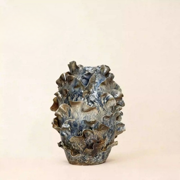 Blue Brown Handmade Ceramic Vase Set of 2, Sculptural Ruffled Petal Art Vessels with Multitone Glazed Finish for Living Room, Entryway, Dining Table and Housewarming Decor
