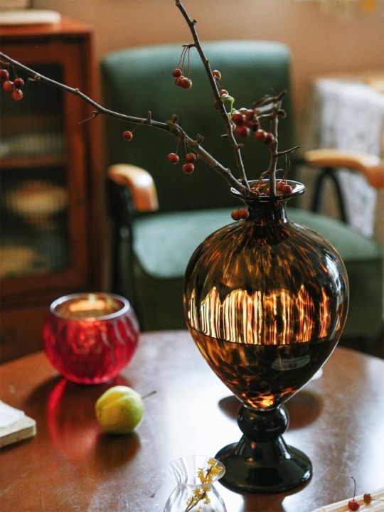 Amber Tortoiseshell Glass Vase, Large Pedestal Art Glass Centerpiece
