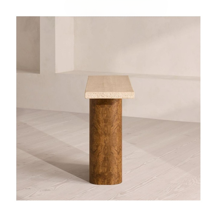 Travertine Top Console Table, Burl Wood Look Pedestal Entryway Table, Wabi Sabi Sofa Table for Hallway, Living Room, Foyer or Accent Decor