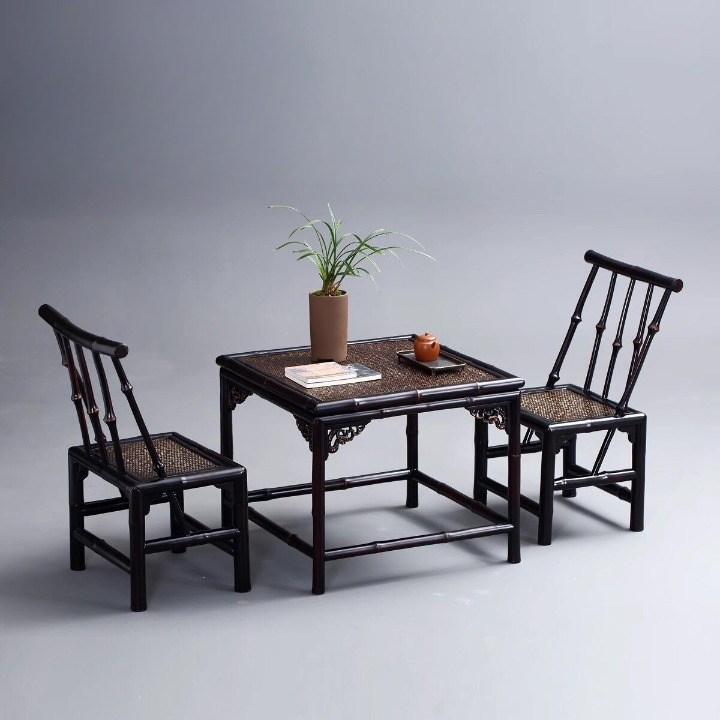 Black Bamboo Low Back Chair with Woven Seat, 27 Inch Tea Chair