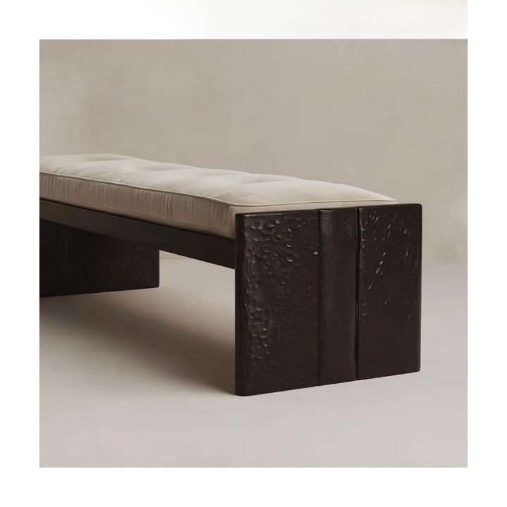 Upholstered End of Bed Bench, Solid Wood Accent Bench with Hammered Texture Frame, Wabi Sabi Bedroom Bench for Entryway, Living Room, Hallway or Foot of Bed