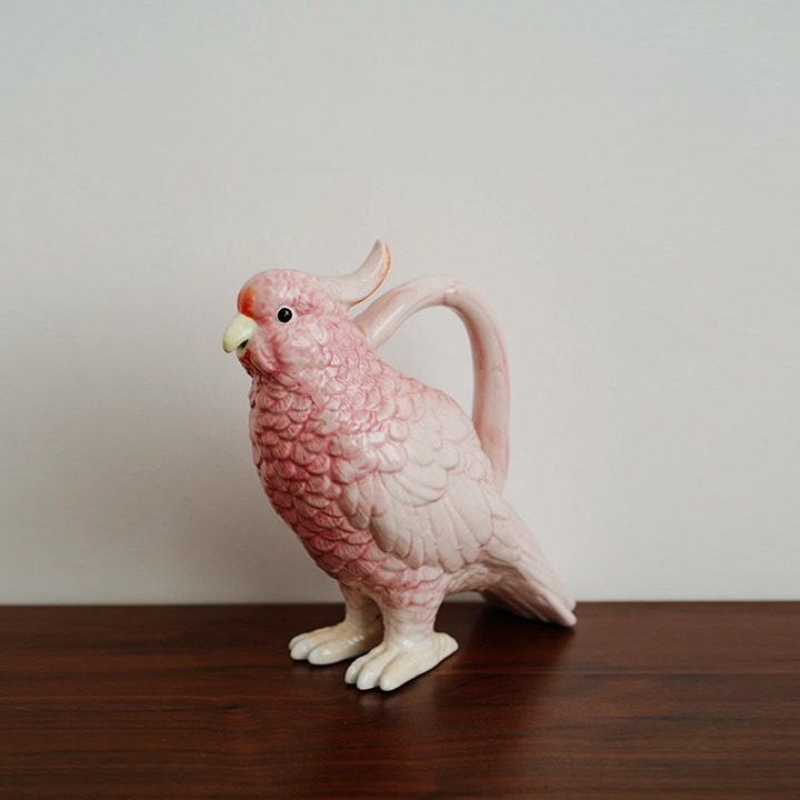 Pink Ceramic Parrot Pitcher, Hand Painted Bird Water Jug, 11.8 Inch Decor