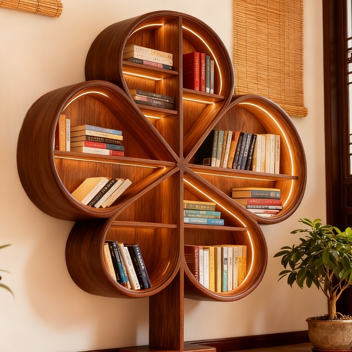 Ash Wood Clover Bookcase with LED-Lit Open Shelves