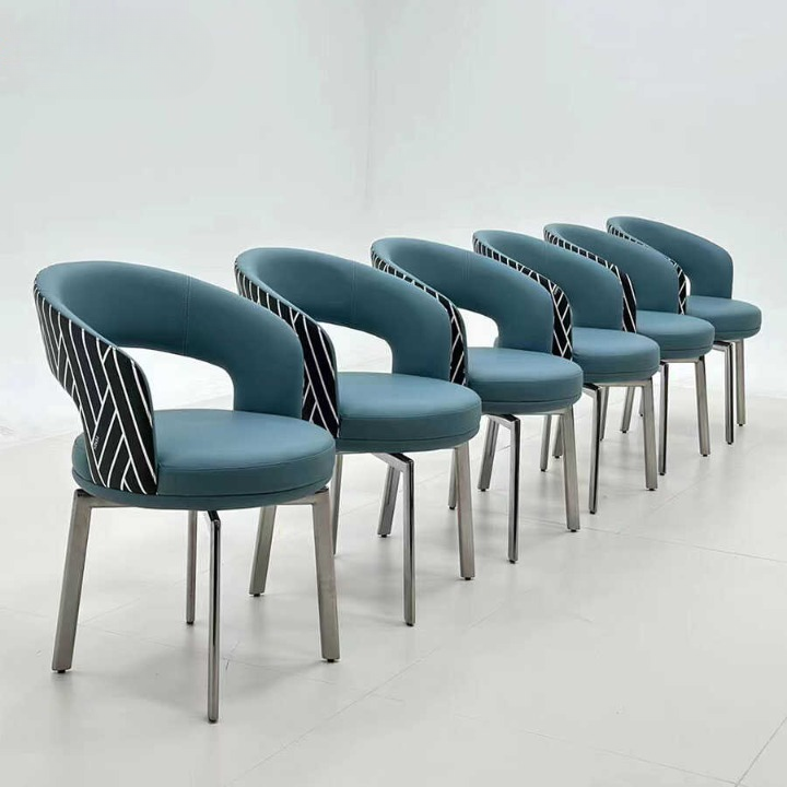 Teal Blue Upholstered Swivel Dining Chair, Curved Open-Back Armchair with Black Wire Detail and Polished Stainless Steel Legs for Dining Room, Kitchen, Vanity and Reception