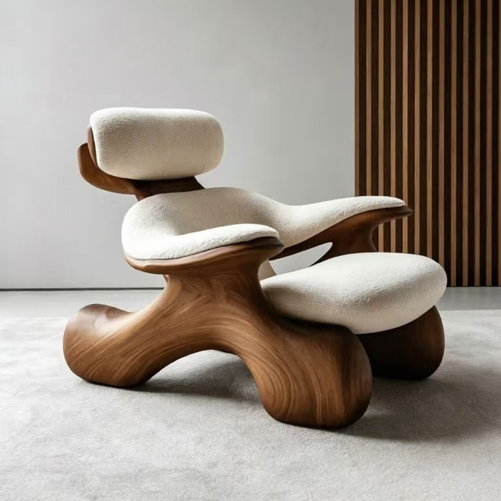 Modern Sculptural Ash Wood Accent Chair with Cream Bouclé Upholstery, Oversized Lounge Armchair for Living Room, Bedroom, Reading Nook and Hotel