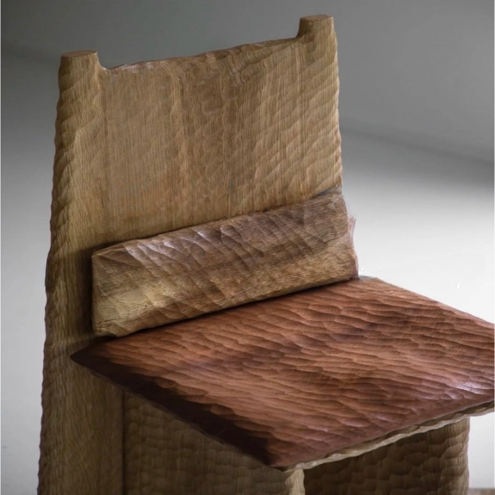 Natural Solid Wood Sculptural Dining Chair, Hand-Hewn Textured High-Back Side Chair with Carved Seat and Lumbar Support for Dining Room, Study, Living Room and Reading Corner