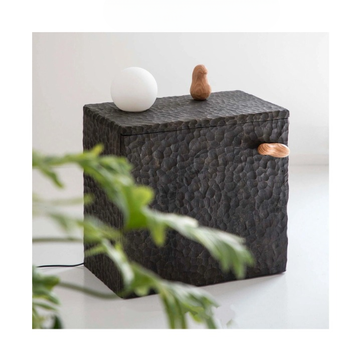 Black Hammered Wood Nightstand, Textured Bedside Cabinet with Door and Shelf, Wabi Sabi Accent Side Table for Bedroom Living Room Entryway