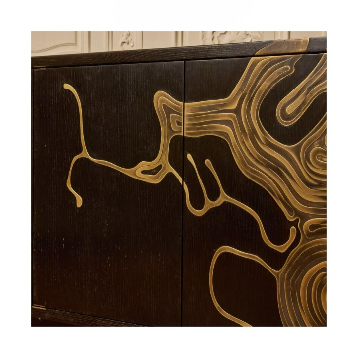 Dark Wood Sideboard Cabinet, Modern Storage Cabinet with Gold Line Art Door Fronts, Italian Minimalist Buffet Cabinet for Living Room Dining Room Entryway