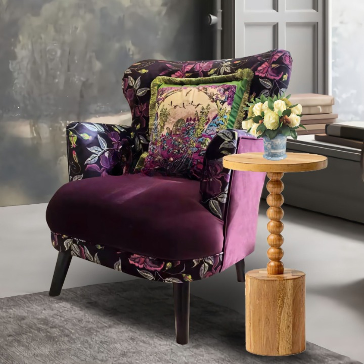 Purple Floral Accent Chair with Velvet Seat and Wingback Design