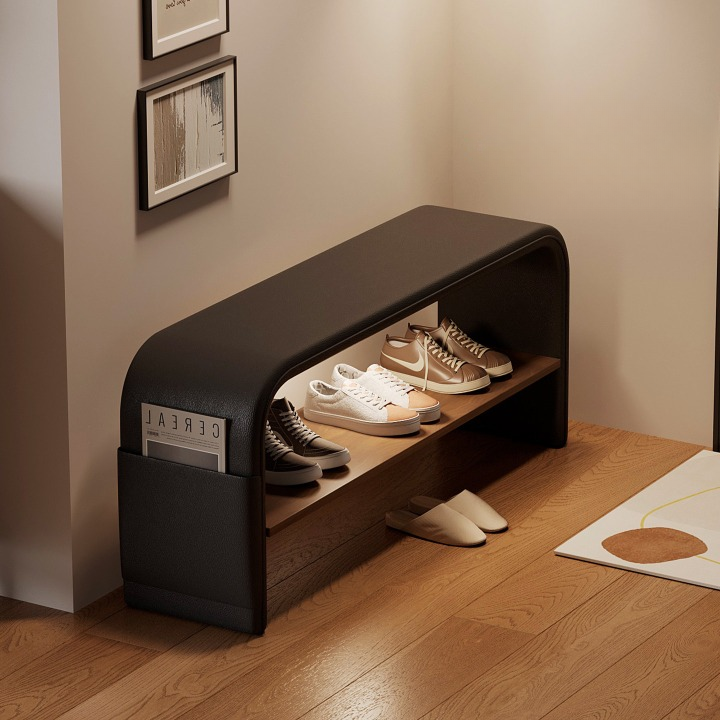 Narrow Entryway Shoe Bench with Padded Black Faux Leather Seat, 23.6-Inch Hallway Bench with Metal Shoe Rack, Side Storage Pocket and Motion Sensor Light for Foyer, Bedroom or Closet