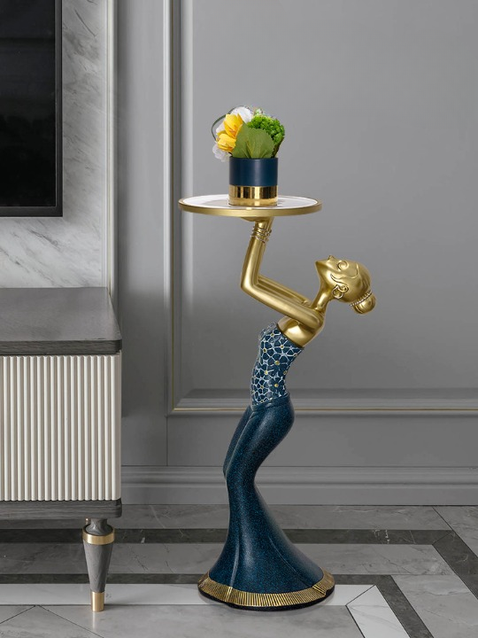 Blue and Antique Gold Resin Woman Statue with Round Display Tray, Standing Lady Floor Sculpture and Decorative Organizer for Entryway, Foyer, Living Room and Office