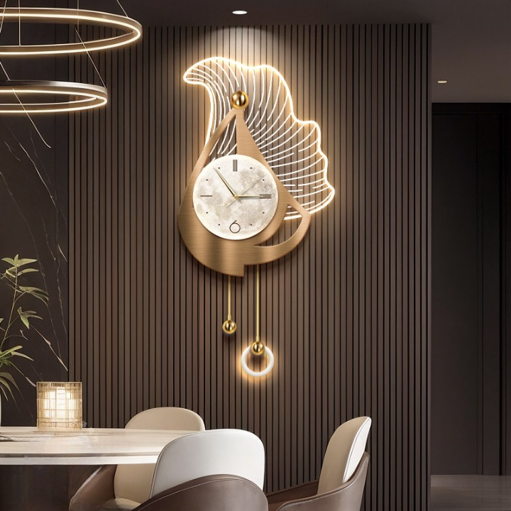 Modern Gold Wall Clock 12 x 25 Inch, 3D Leaf Wall Art with LED Light