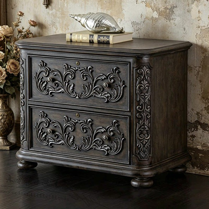 Dark Brown 2-Drawer Nightstand with Silver Scrollwork