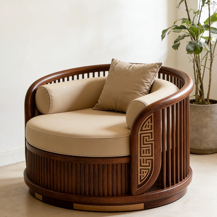 Ash Wood Barrel Accent Chair with Curved Wood Frame, Upholstered Lounge Chair with Lumbar Pillow, Modern Luxury Single Sofa Chair for Living Room, Bedroom, Office &amp; Reception