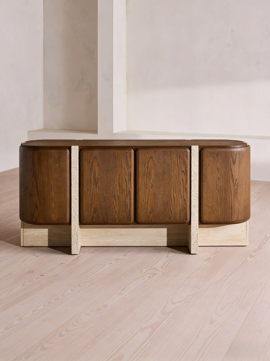 Travertine and Wood Sideboard Cabinet, Modern Buffet Storage Cabinet with Rounded Doors, Dining Room Credenza, Living Room Accent Cabinet, Entryway Cabinet and TV Console