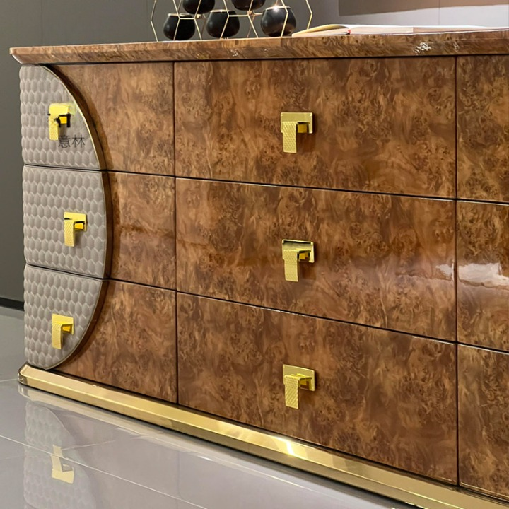 Modern 9-Drawer Dresser with Burl Wood Finish and Gold Accents