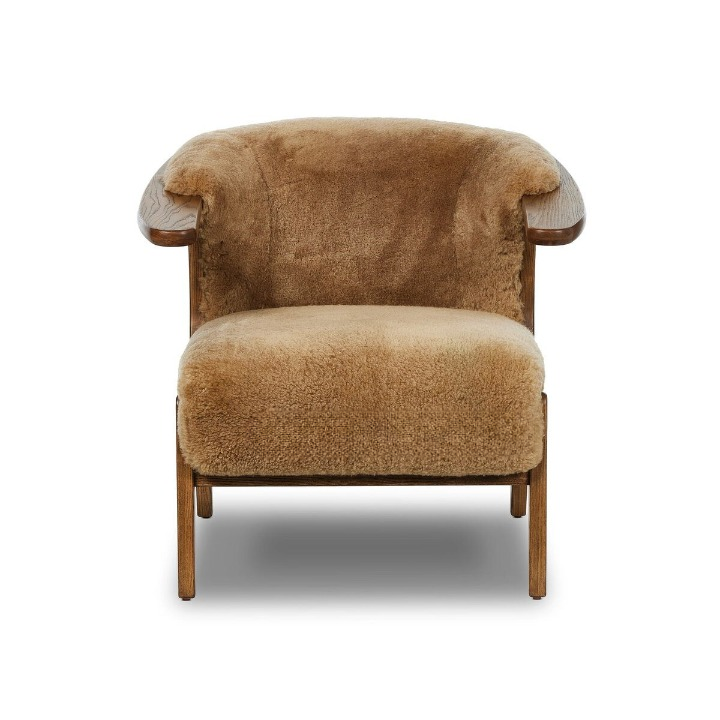 Wabi Sabi Sherpa Accent Chair, Solid Wood Lounge Armchair with Camel Upholstery and Sculptural Wood Arms, Mid Century Modern Single Sofa Chair for Living Room, Bedroom, Reading Nook, Balcony and Boutique Hotel