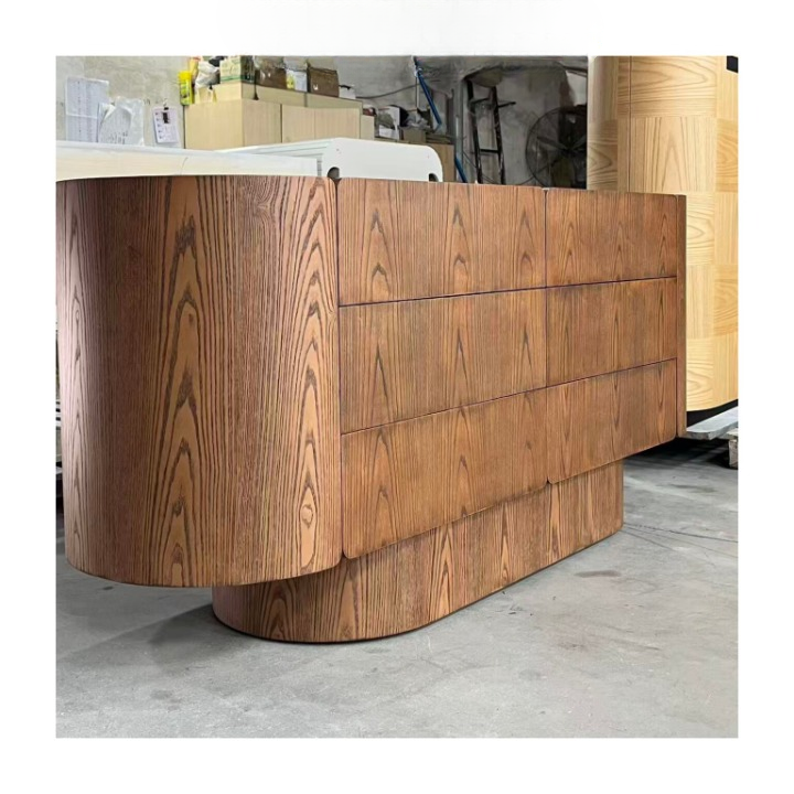 Natural Wood Sideboard Cabinet, Rounded Storage Credenza with 6 Drawers, Wabi Sabi Buffet Cabinet for Dining Room, Living Room, Entryway or Hallway
