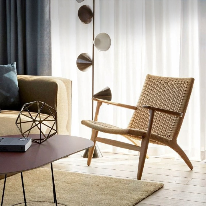 Woven Lounge Chair with Solid Wood Frame, Low Profile Accent Armchair with Handwoven Cord Seat and Back, Natural Brown Leisure Chair for Living Room, Bedroom, Reading Nook, Balcony, and Lounge