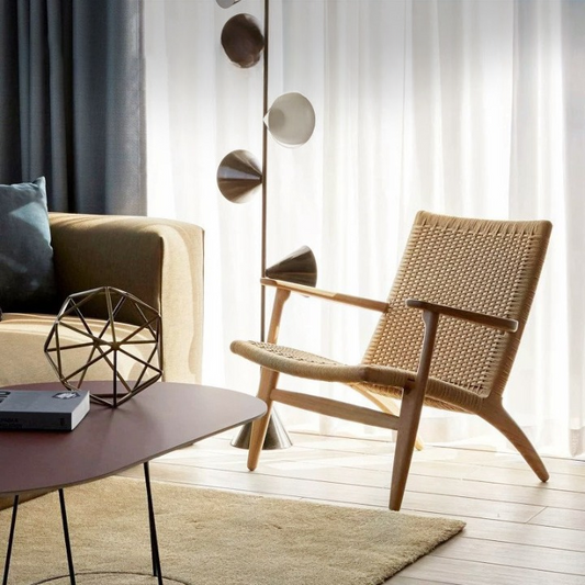 Woven Lounge Chair with Solid Wood Frame, Low Profile Accent Armchair with Handwoven Cord Seat and Back, Natural Brown Leisure Chair for Living Room, Bedroom, Reading Nook, Balcony, and Lounge