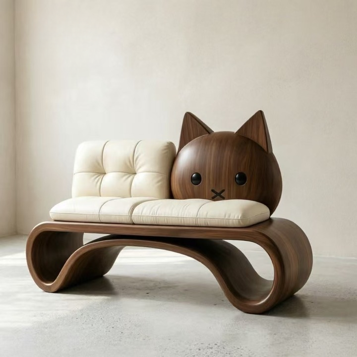 Black Walnut Cat Accent Loveseat with Cream Upholstery, Modern Sculptural Wood Sofa for Living Room, Bedroom, Reading Nook and Apartment