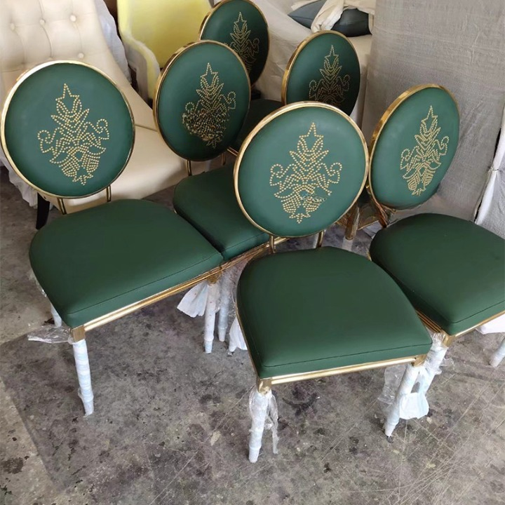 Sage Green Upholstered Oval Back Dining Chair, Antique Gold Stainless Steel Frame with Decorative Stud Pattern, Luxury Side Chair for Dining Room, Kitchen, Hotel and Banquet