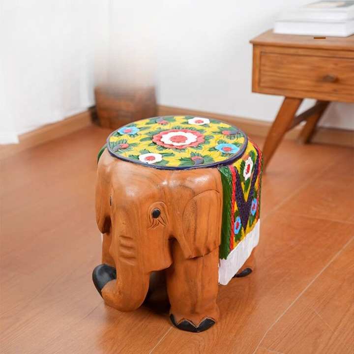 Hand-Painted Solid Wood Elephant Stool for Entryway and Living Room