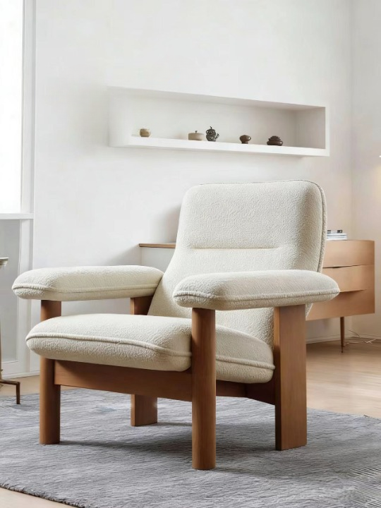 Cream Boucle Lounge Chair with Rubberwood Legs, Nordic Upholstered Accent Armchair with Wide Arms and Plush Cushion, Single Sofa Chair for Living Room Bedroom Balcony
