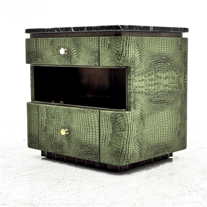 Olive Green Crocodile-Embossed Leather-Look Nightstand with Natural Marble Top, Two-Drawer Curved Bedside Table with Open Shelf and Gold Knobs for Bedroom, Guest Room and Living Room