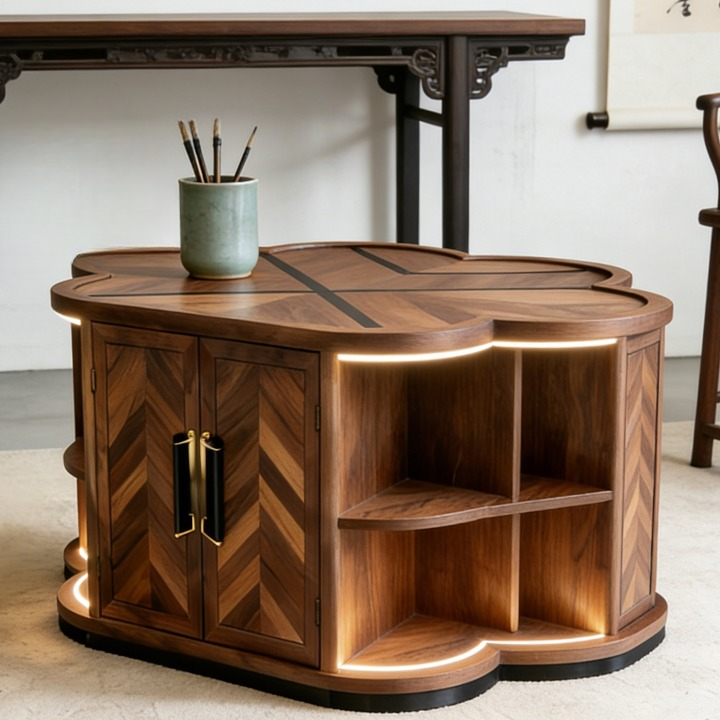 Ash Wood Flower Coffee Table with Storage and Open Shelves