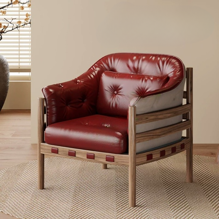 Vintage Burgundy Leather Accent Chair, Solid Wood Frame Lounge Armchair with Tufted Cushion and Lumbar Pillow for Living Room, Bedroom, Study and Reading Nook