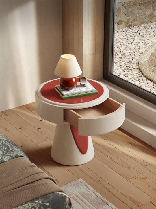 Cream Round Nightstand with Drawer, High Gloss Lacquered Bedside Table, Modern Pedestal End Table with Red Accent Panel, Compact Storage Side Table for Bedroom, Living Room, Small Spaces