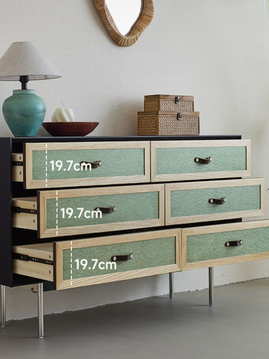 Six Drawer Dresser Cabinet, Green and Natural Wood Storage Chest with Metal Legs, Modern Accent Cabinet for Bedroom, Living Room, Entryway, Hallway, Closet, and Apartment Storage