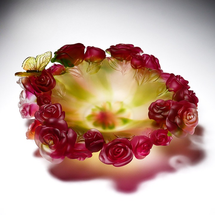 Rose Flower Decorative Bowl with Butterfly, Large Pink Art Glass Fruit Bowl for Dining Table, Coffee Table, Living Room, Entryway and Housewarming Gift