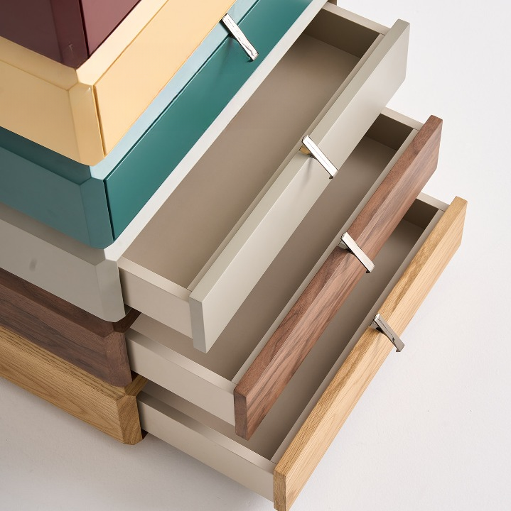 Rotating 6 Drawer Chest, Multicolor Wood Storage Cabinet, Modern Stacked Dresser with Walnut Veneer and Lacquer Finish, Narrow Accent Cabinet for Bedroom, Living Room and Entryway