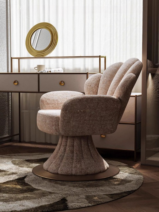 Beige Boucle Swivel Accent Chair, Shell Back Vanity Chair with Arms, Modern Upholstered Makeup Chair, Sculptural Lounge Chair for Bedroom, Living Room, Dressing Room, Dining Room, Antique Brass Tone Round Base