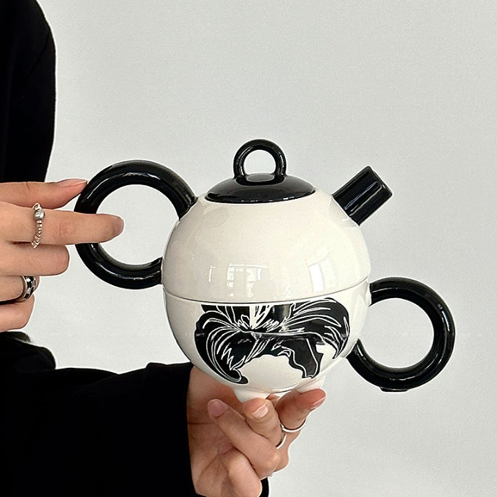 Ceramic Tea-for-One Set with Cup, Black and White Lily