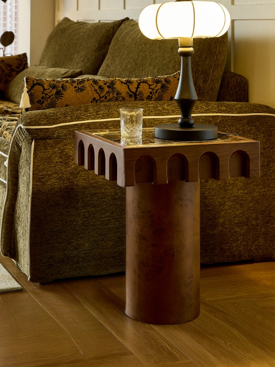 Brown Ash Wood Black Marble Pedestal Side Table for Living Room