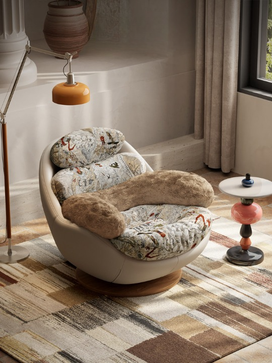 Oversized Swivel Accent Chair, Cream Leather Look Lounge Chair with Patterned Jacquard Cushions and Plush Bolster Pillow, Modern Round Single Sofa Chair for Living Room, Bedroom, Reading Nook, Apartment, and Lounge