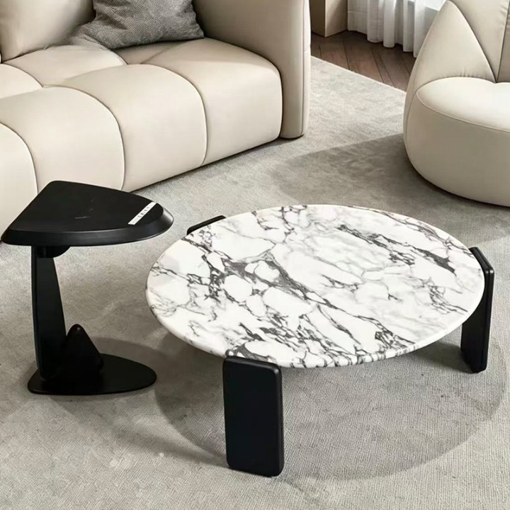 Round Stone Top Coffee Table Set with Sculptural Side Table, Gray