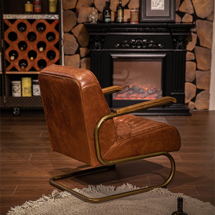 Brown Leather Accent Chair, Oil Waxed Top Grain Leather Lounge Chair with Cantilever Metal Frame and Wood Armrests, Mid Century Modern Armchair for Living Room, Bedroom, Office