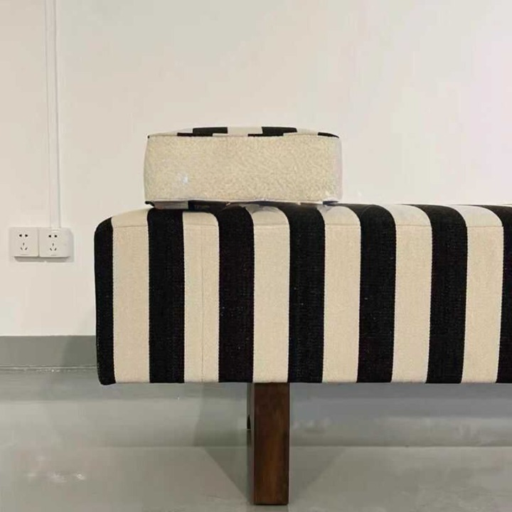 Black and Cream Striped Upholstered Bench with Wood Legs